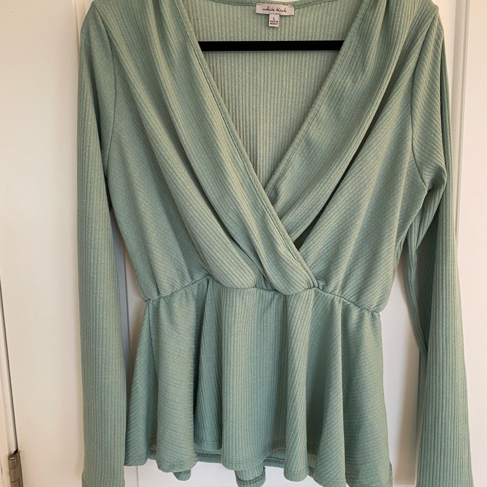 Sage green peplum crossover top with long sleeves